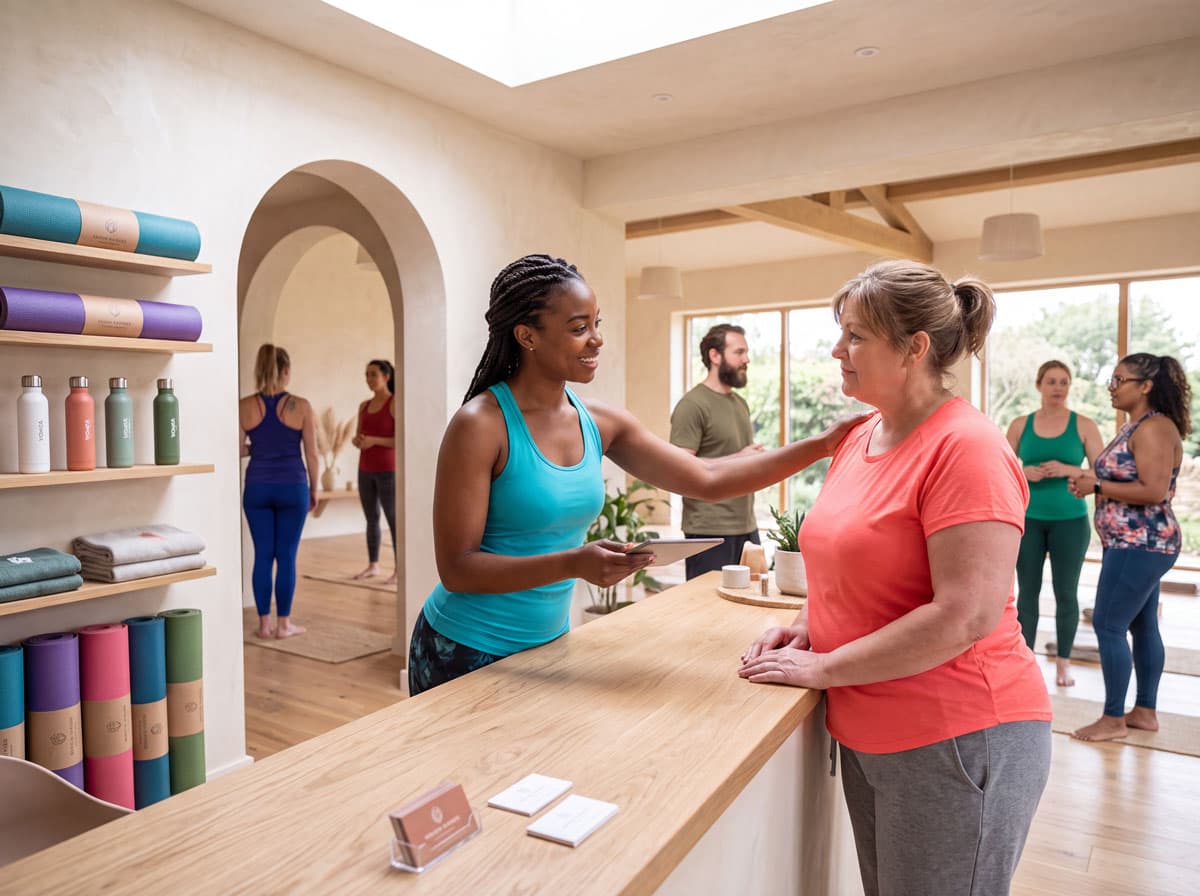 Elena welcoming a client at the studio front desk