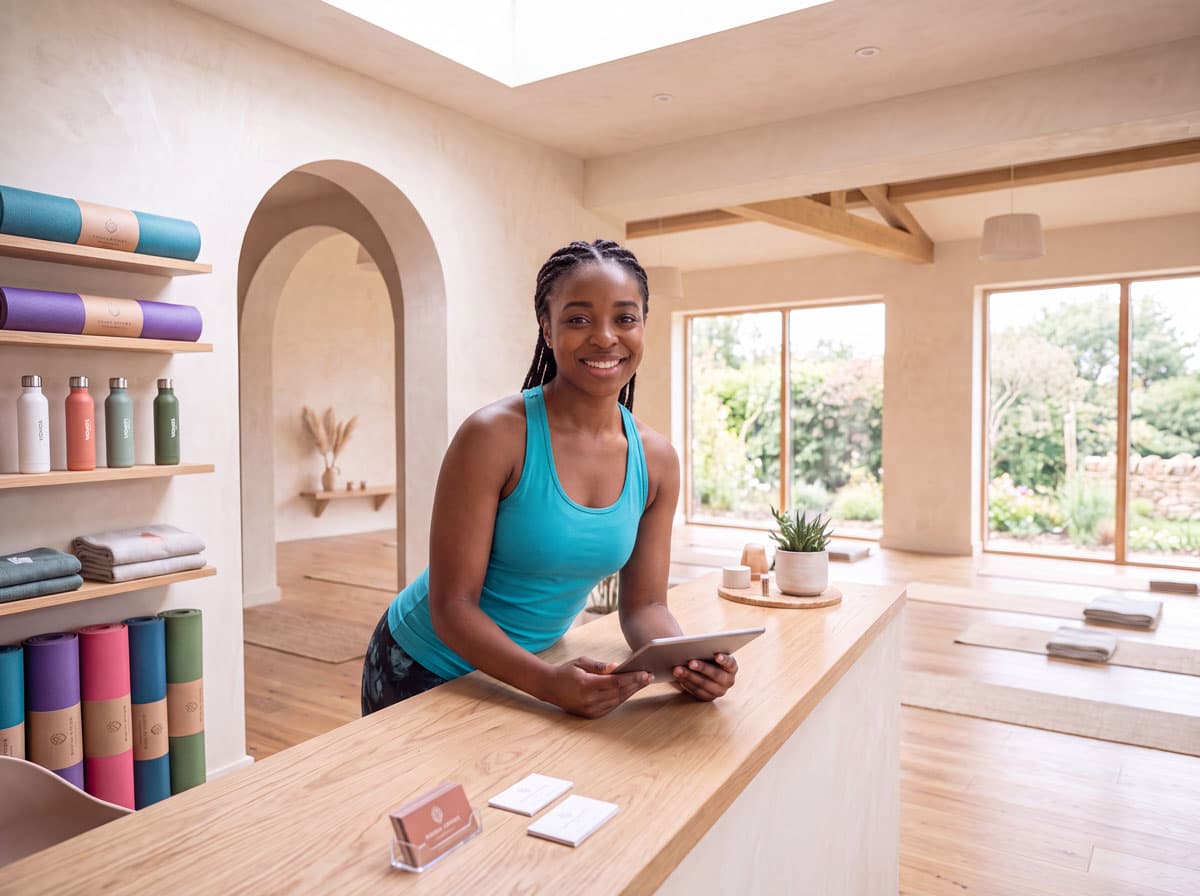 Elena smiling behind the front desk at Mosswood Studio