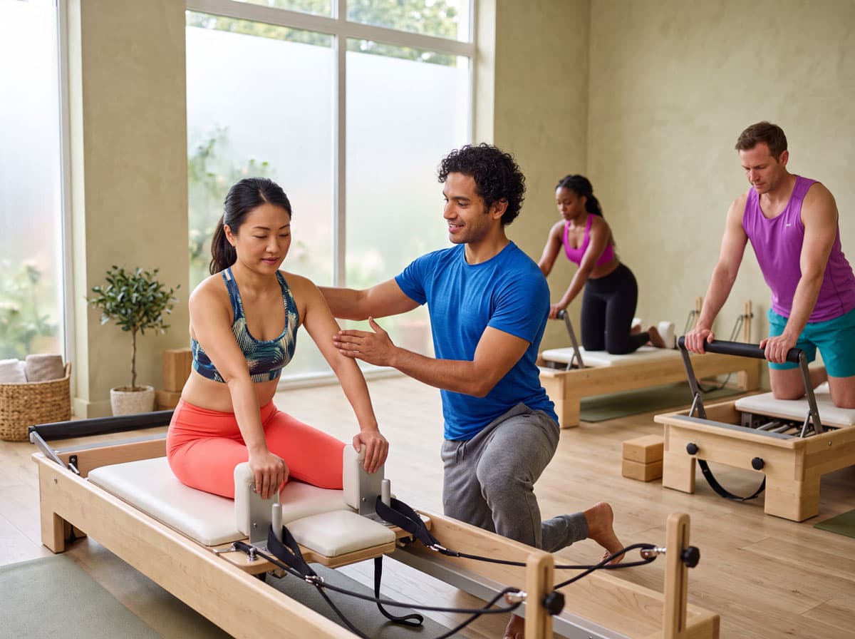 James coaching a student on the reformer during a small pilates class