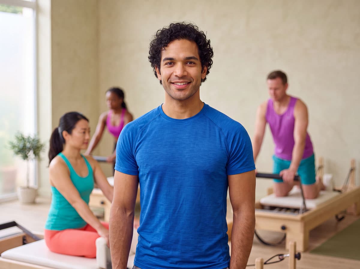 James smiling in the studio, with a Pilates reformer class in progress behind him