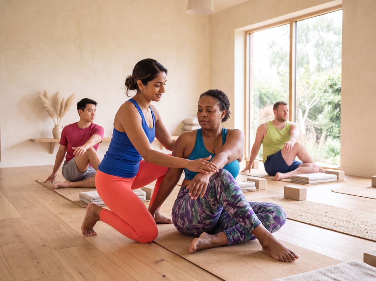 Priya guiding a student through a stretch, spread out across the studio floor
